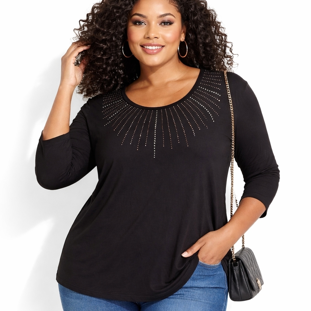 Ellen Tracy Black 3/4 Sleeve Jeweled Tee 1x
